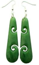 New Zealand NZ Greenstone Maori Carving Carved Earrings Kiwiana Taonga Gift Traditional Souvenir Drop Two Double Koru Earrings