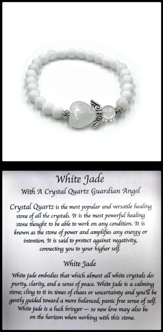 Crystal Bead Stretchy Elastic Bracelet Jewellery Gift Present Guardian Angel Heart White Jade