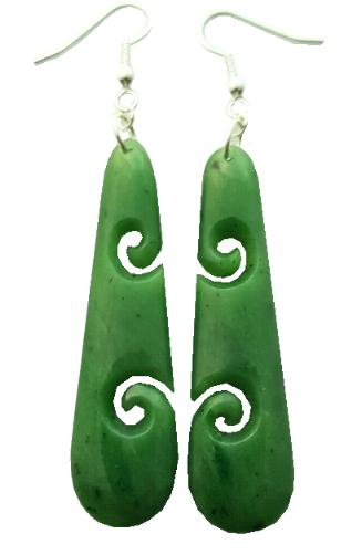 New Zealand NZ Greenstone Maori Carving Carved Earrings Kiwiana Taonga Gift Traditional Souvenir Drop Two Double Koru Earrings