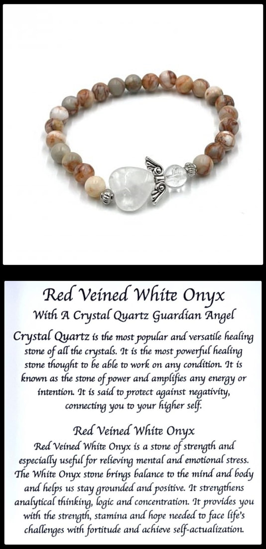 Crystal Bead Stretchy Elastic Bracelet Jewellery Gift Present Guardian Angel Heart Red Veined White Onyx