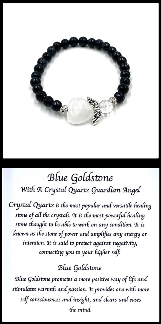 Crystal Bead Stretchy Elastic Bracelet Jewellery Gift Present Guardian Angel Heart Blue Goldstone
