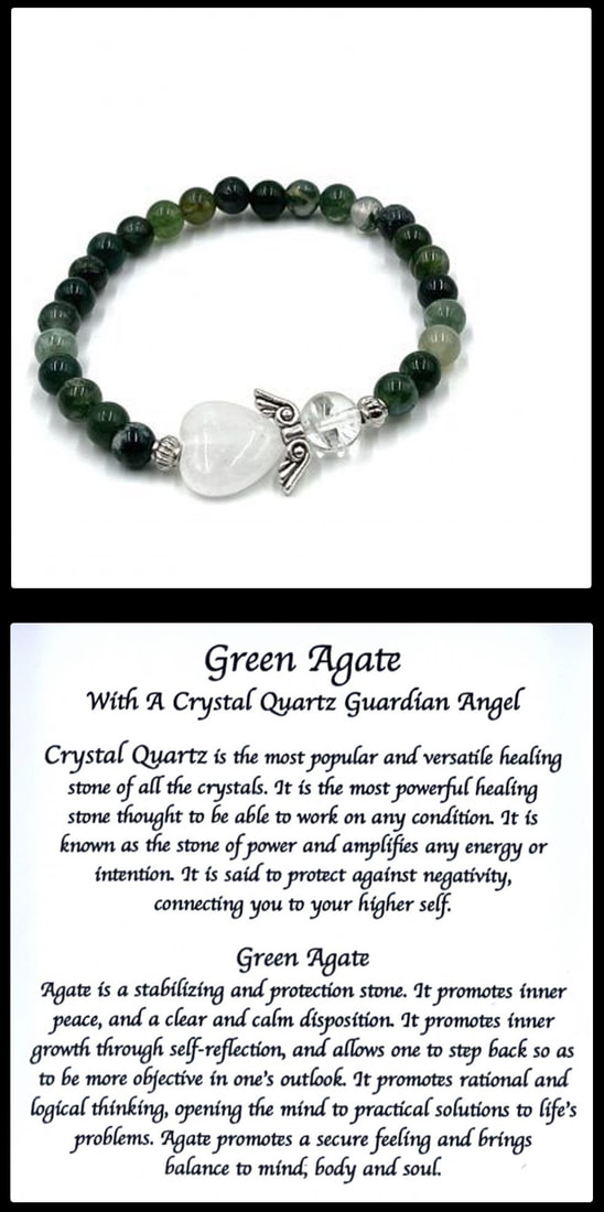 Crystal Bead Stretchy Elastic Bracelet Jewellery Gift Present Guardian Angel Heart Green Moss Agate