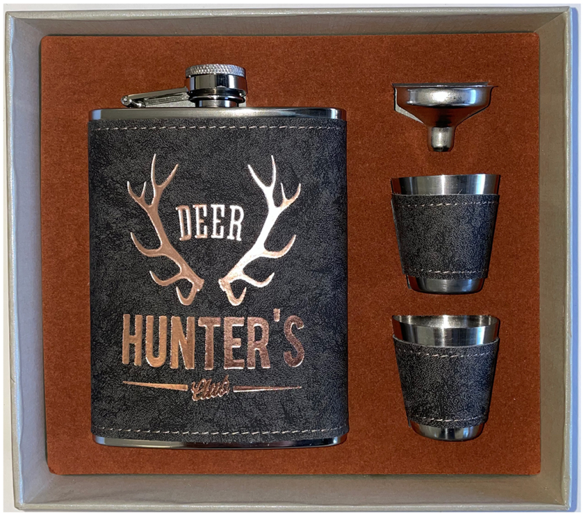 man cave drinks metal hip flask set shot cups glass deer hunter