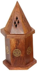 Incense Holder Burner Zen Home Spiritual Wooden Temple Cone Box Storage Space Gold Pentagram Pentacle Witch Spell Pagan